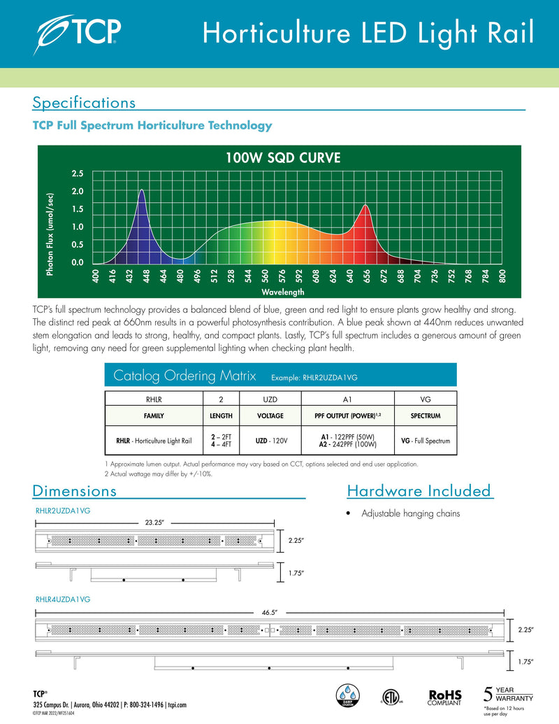 TCP RHLR4UZDA2VG Horticulture LED Light Rail – 4FT, 100W, Full Spectrum, 242 PPF Output