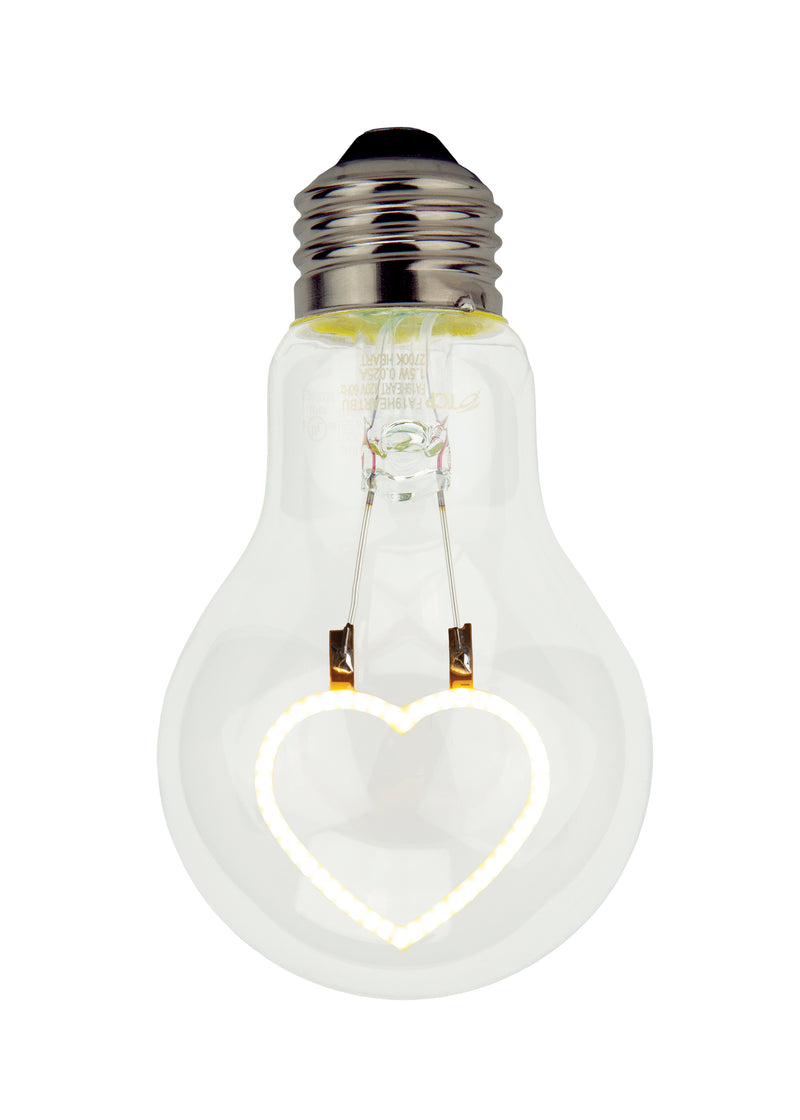 TCP A19 Heart Decorative Filament LED Christmas Light Bulb, 0.3W Yellow Light – Heart Base Down for Holiday & Festive Indoor Decor