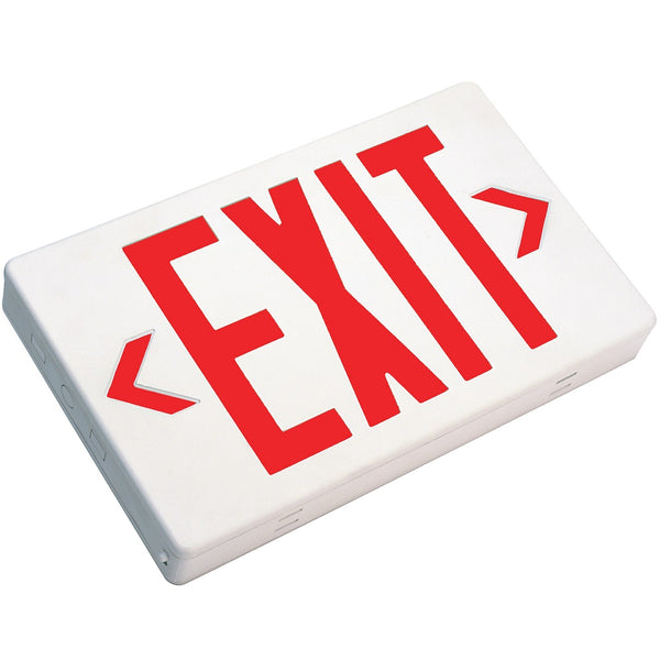 TCP Red LED Exit Sign - 22743, White Housing, Battery Backup, Universal Mount, 120/277V, Energy Efficient